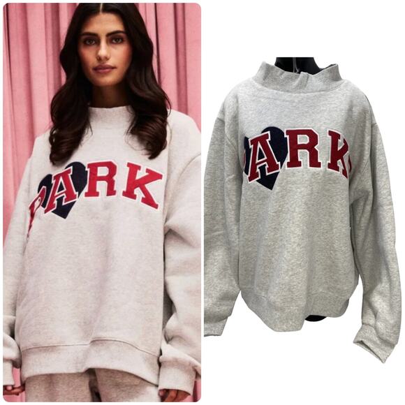 NEW Parke Heart Logo Oversized Sweatshirt Grey Varsity Graphic Pullover Cozy L